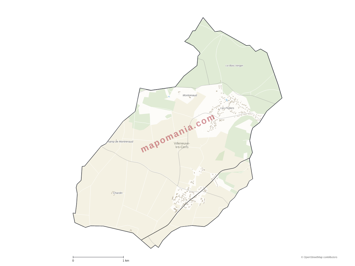 Carte de Villeneuve-les-Cerfs à personnaliser