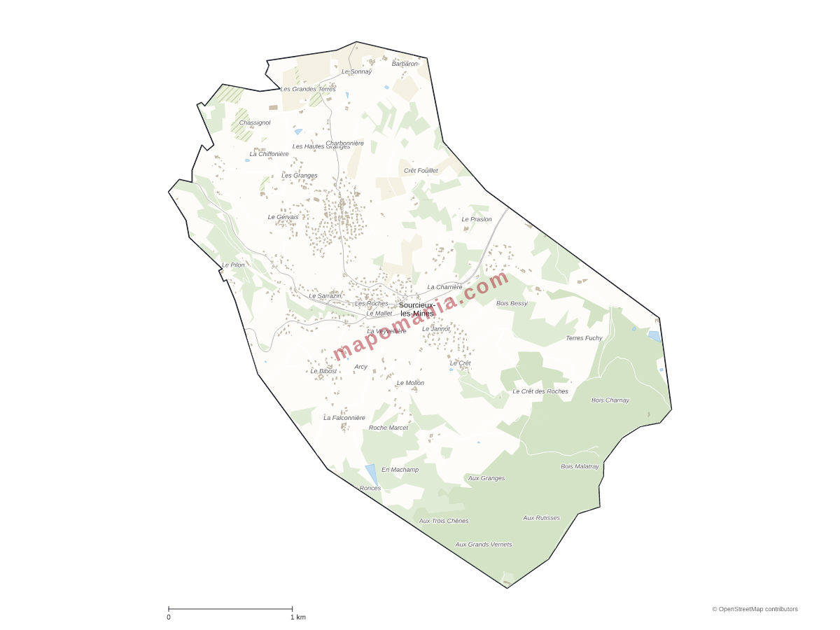 Carte de Sourcieux-les-Mines à personnaliser