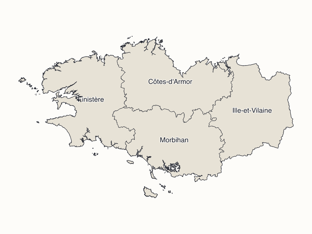 Carte épurée de la région Bretagne avec les noms des quatre départements