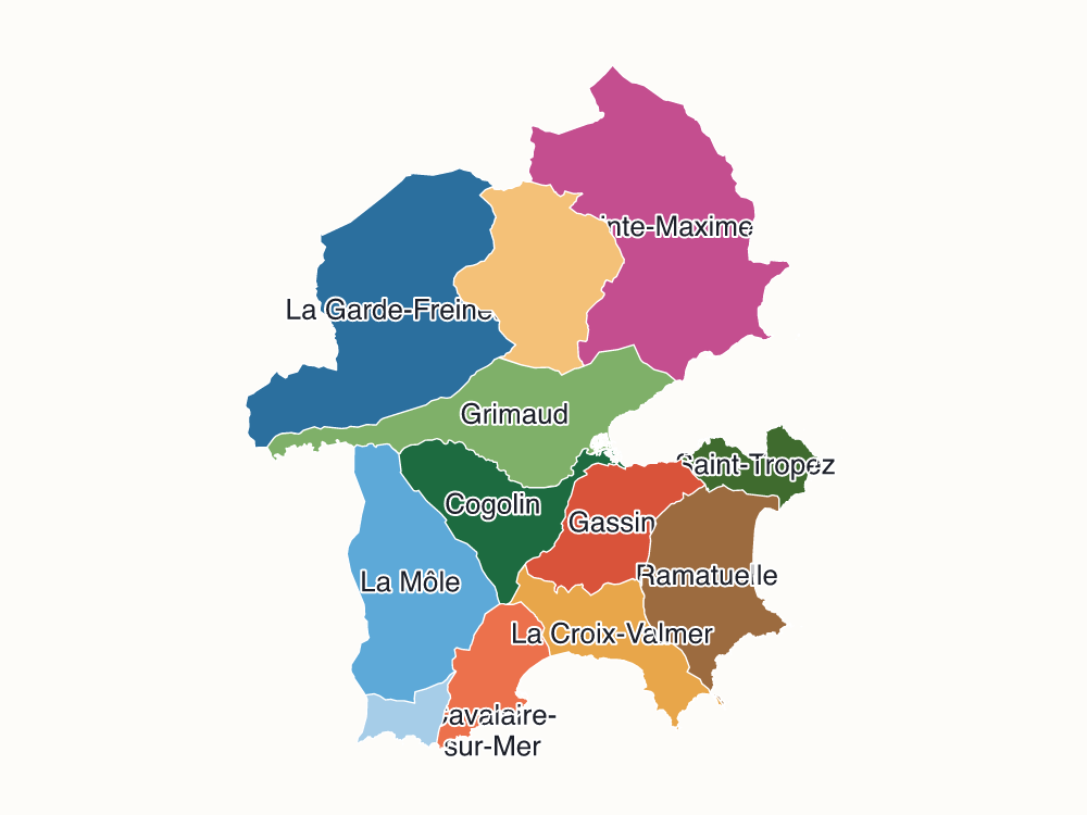 Carte de la communauté de communes du Golfe de Saint-Tropez, une couleur par commune avec les noms