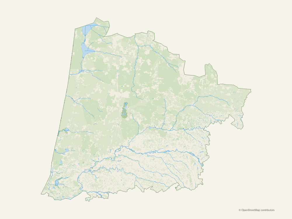 Carte des Landes avec forêts en vert et cours d’eau en bleu