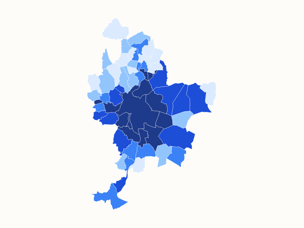 Carte de la Métropole de Lyon colorée par densité de population, des communes claires aux foncées