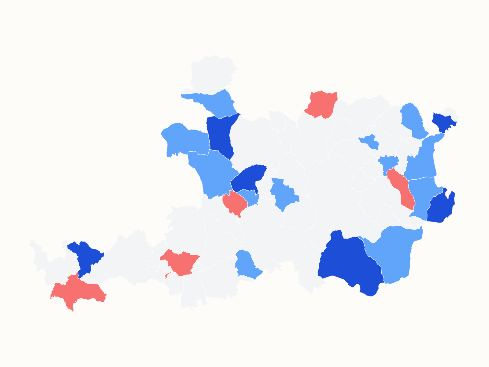 Carte de Saint-Étienne Métropole colorée par évolution démographique, du rouge (déclin) au bleu (croissance)